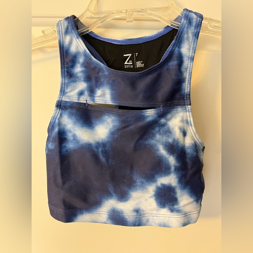 Zella blue white tie dye dance crop top long bra top